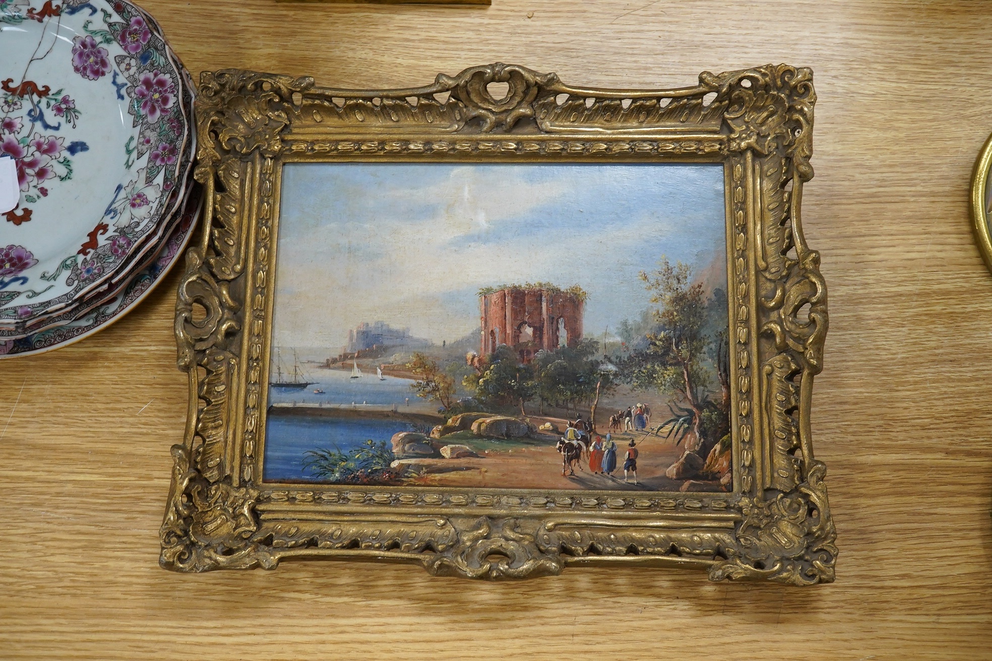 19th century Italian School, oil on board, The Temple of Venus, unsigned, 18 x 25cm, ornate gilt frame. Condition - fair, would benefit from a clean